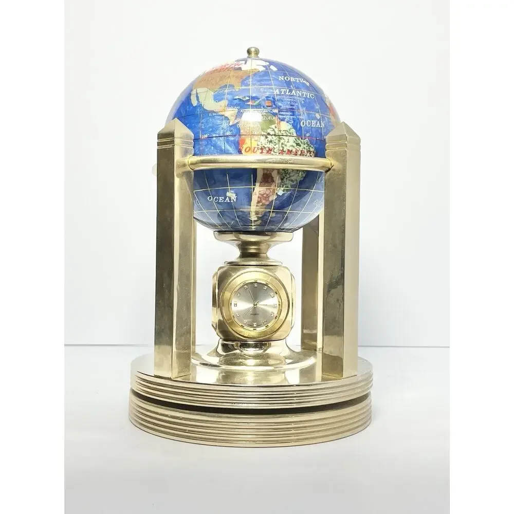 Alexander Kalifano 3-Timepieces Thermometer Rotating Gemstone Brass Globe 8.75”